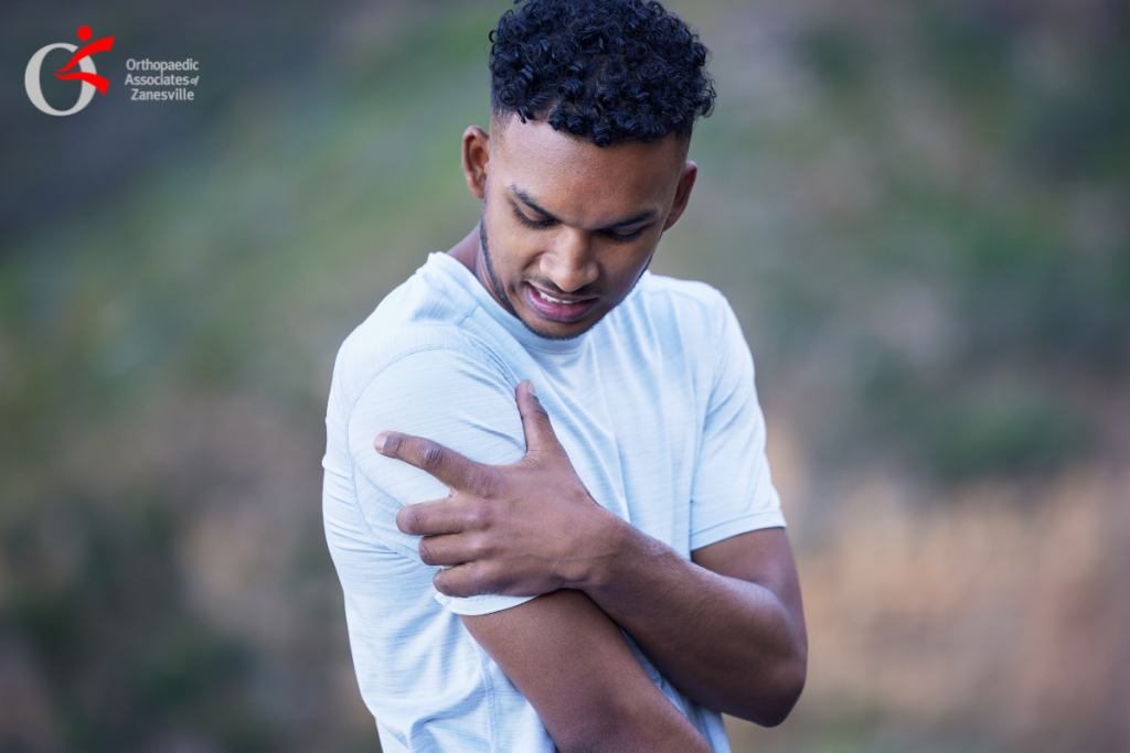 A man in pain caused by shoulder instability in Ohio.